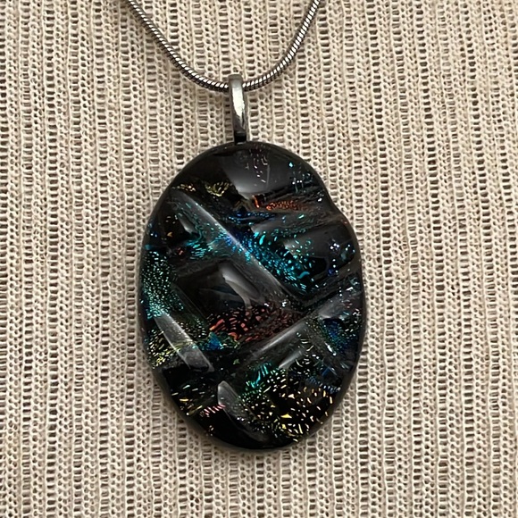 Dichroic Glass Quilted Glass Pendant & Chain - Picture 8 of 15